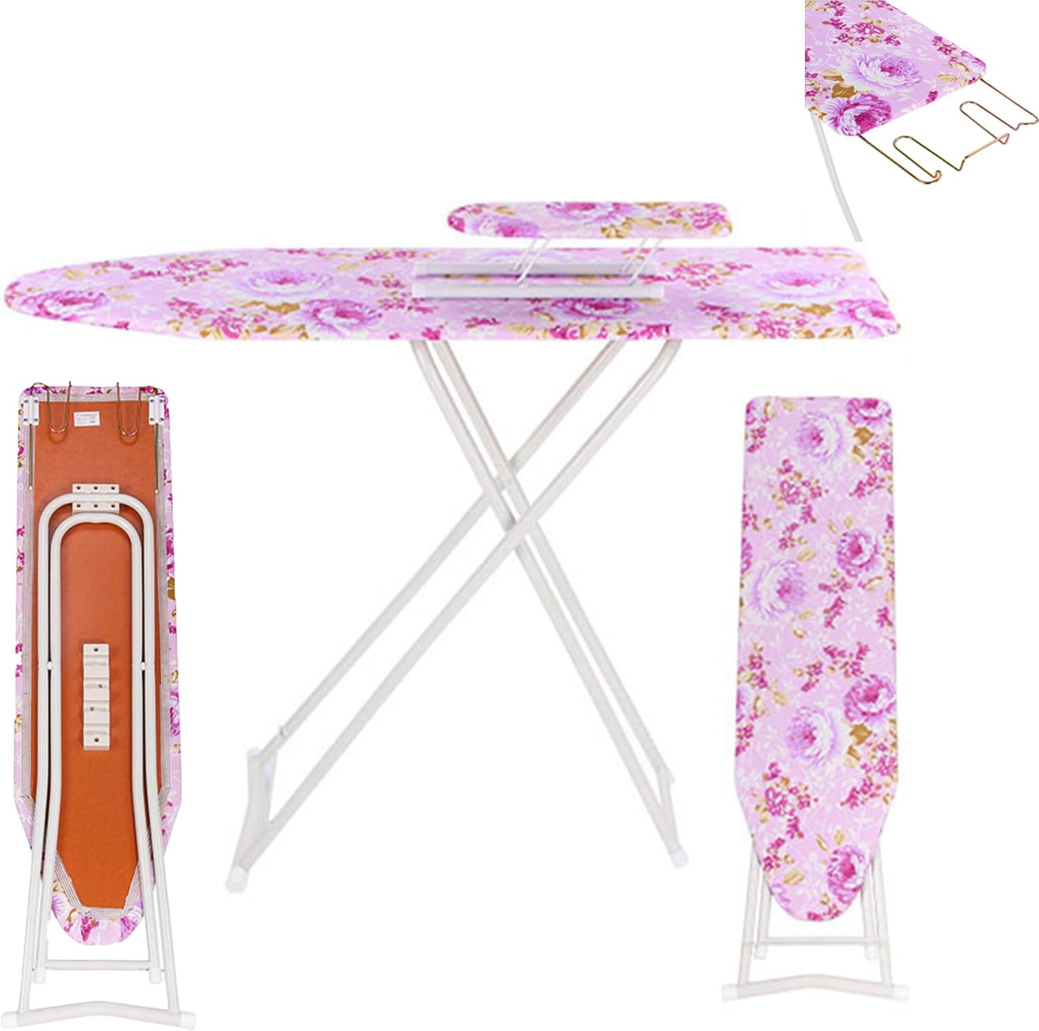 Foldable Ironing Board,Height Adjustable,4-Leg Fold-Up,Metal Construction,Non-Slip,Smooth Edge, Heat & Scorch Resistant Fabric Ironing Board Cover and Pad for Clothes Care,30"×11" (Purple)