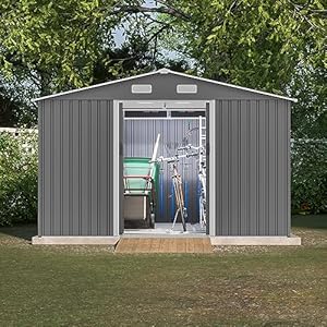 10X8 FT Outdoor Storage Shed with Galvanized Steel Construction Lockable DoorsAll Weather Garden Tool House Sheds WSliding Doors and Padlockfor PatioBackyardLawnGray