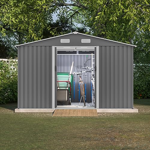 10X8 FT Outdoor Storage Shed with Galvanized Steel Construction Lockable DoorsAll Weather Garden Tool House Sheds WSliding Doors and Padlockfor PatioBackyardLawnGray