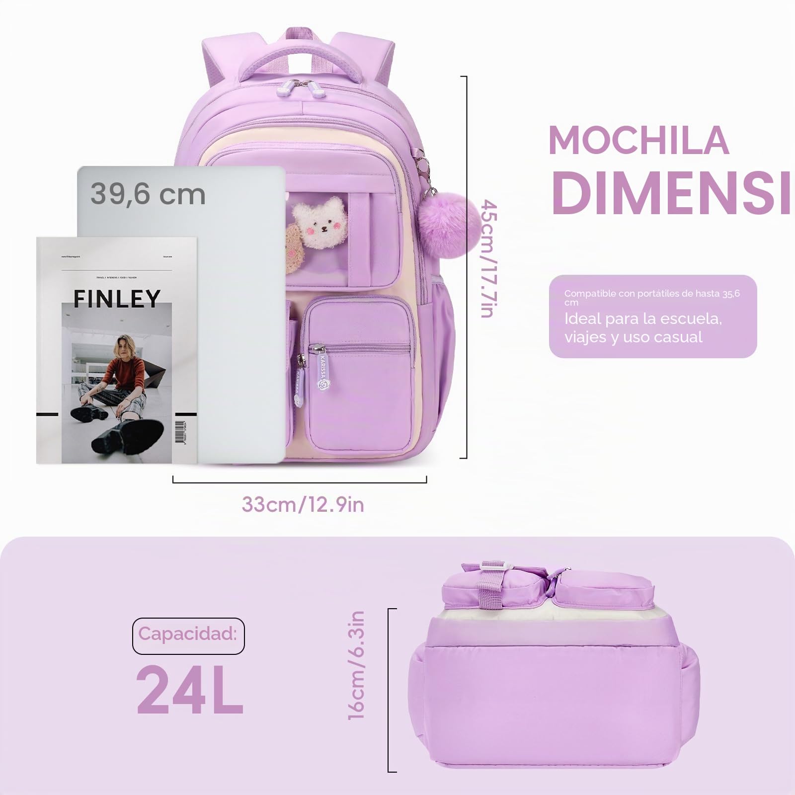 Amythe Mochila Escolar Niña, Mochilas Primaria Escolares Transpirable para Infantil Niñas de 8 10 12 Años, Kawaii Mochila Chicas Colegio con Colgante, Morado