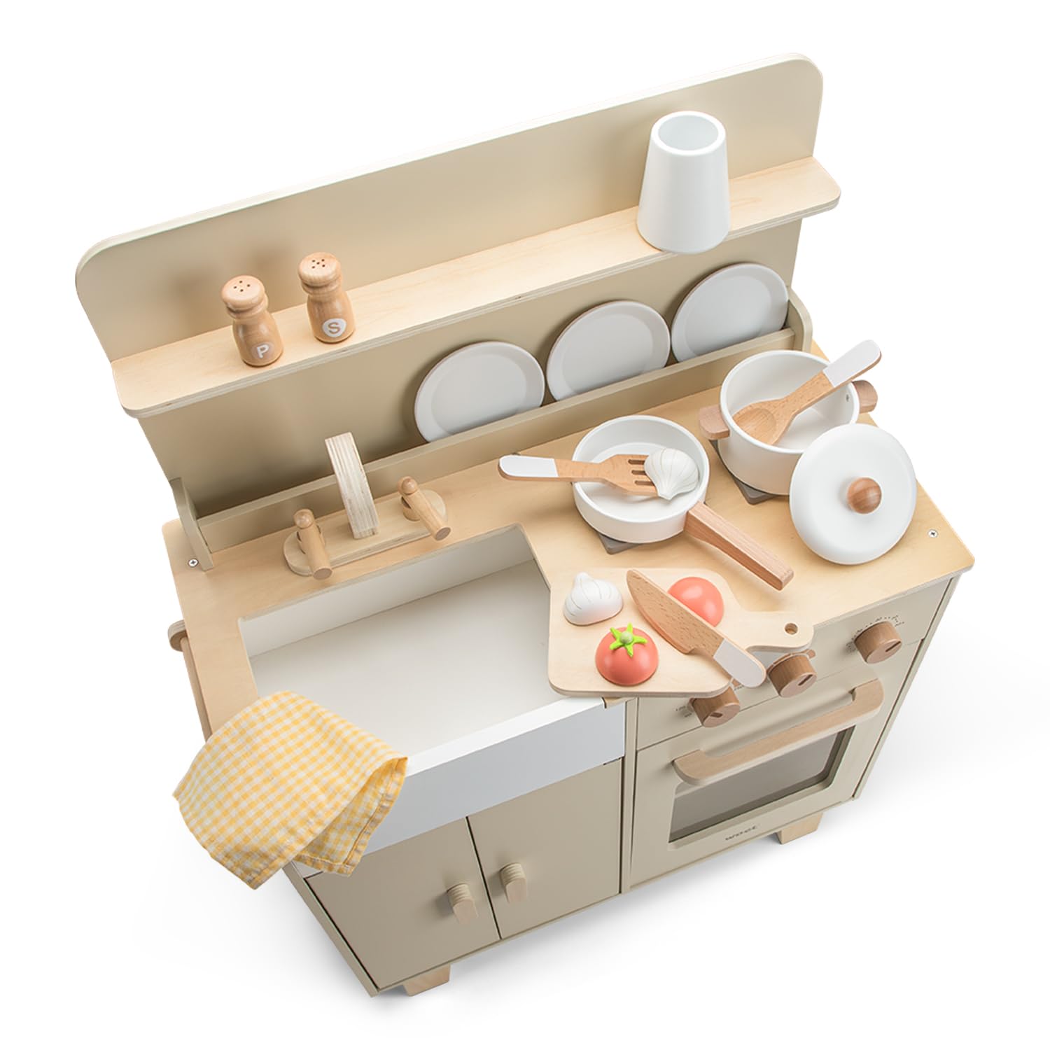 Woet® Cuisine Jouet Beige en Bois pour Enfants - avec Four, Évier et Accessoires - Set de Cuisine d’Imitation - À Partir de 3 Ans (Beige)