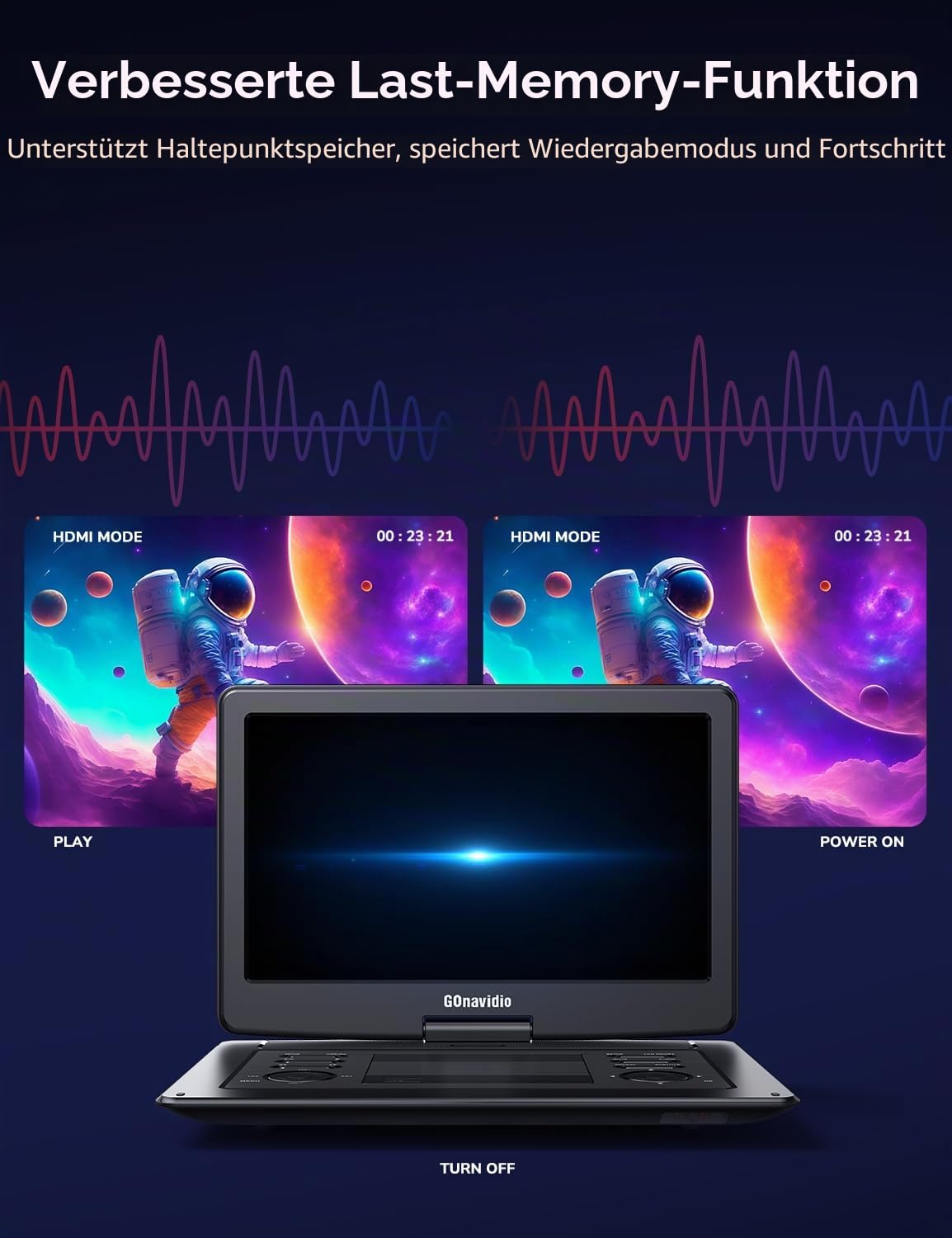 GOnavidio Tragbarer DVD-Player mit 40,6 cm (18 Zoll) großem Bildschirm, eingebauter 5H-Akku, 1600 x 900 hohe Auflösung, unterstützt HDMI-Eingang, Synchronisationsbildschirm, USB/TF, letzter Speicher