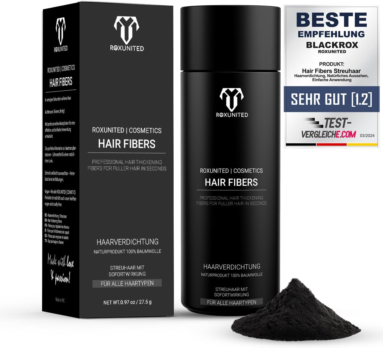 ROXUNITED Cosmetics Haarpoeder voor haarverdichting, haarvuller voor mannen en vrouwen, volume aanzet, pomp, spray, opzetstuk (27,5, zwart)