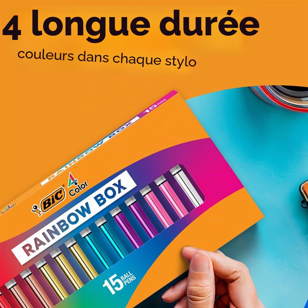BIC Lot de 15 stylos à bille rétractables 4 couleurs Rainbow Shine, pointe moyenne (1 mm)