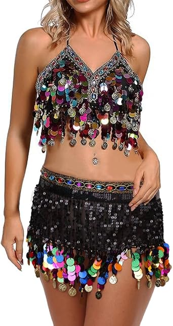 Women Gypsy Costume Belly Dance Outfit Sets Sequin Halter Bra Top-Rainbow Coins Tassel Hip Scarf