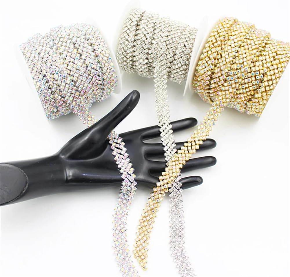 1/5Yards Small Round Drill Row Crystal Ribbon Metal Chain Sew Rhinestones Trim for Clothing AB Silver 5Yards