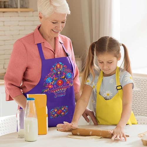 Miniatura 2 de Delantal bordado púrpura mexicano mujer, flor 100% algodón cocina bolsillos pinafore bolsillos, México Restaurante personal uniforme camarera chef,