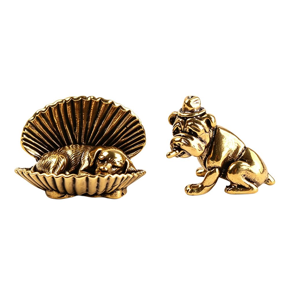 Jehoshaphat Aurichalceous 2Pcs Solid Brass Mini Ornaments, Adorable Seashell Sleeping Puppy Sculptures, Compact Static Tabletop Figurines For Household Indoor Desktop, Cabinet & Shelf Aesthetic Layout Styling