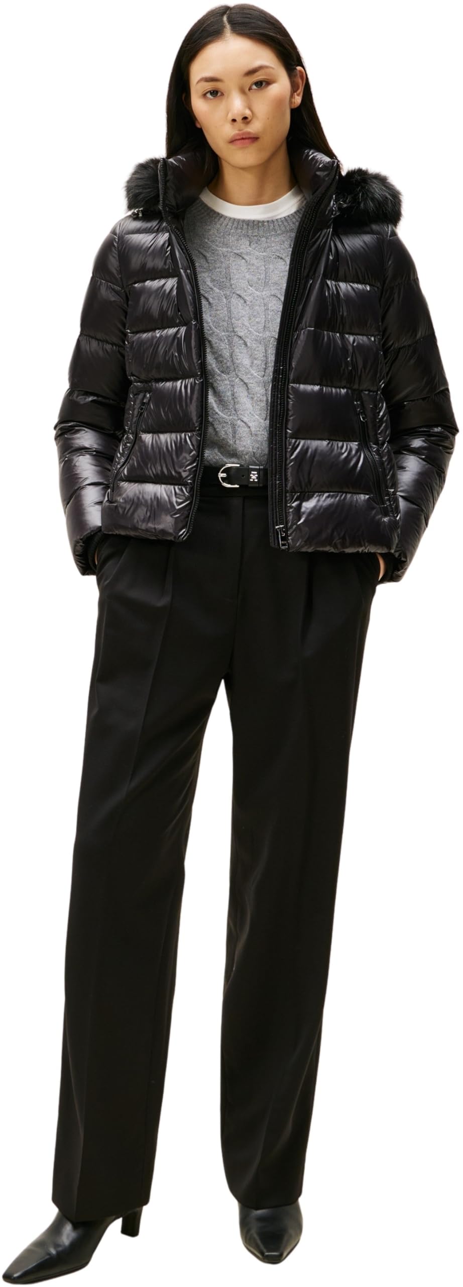 Tommy Hilfiger Donna Piumino Gloss Down Slim con Inserto in Pelliccia