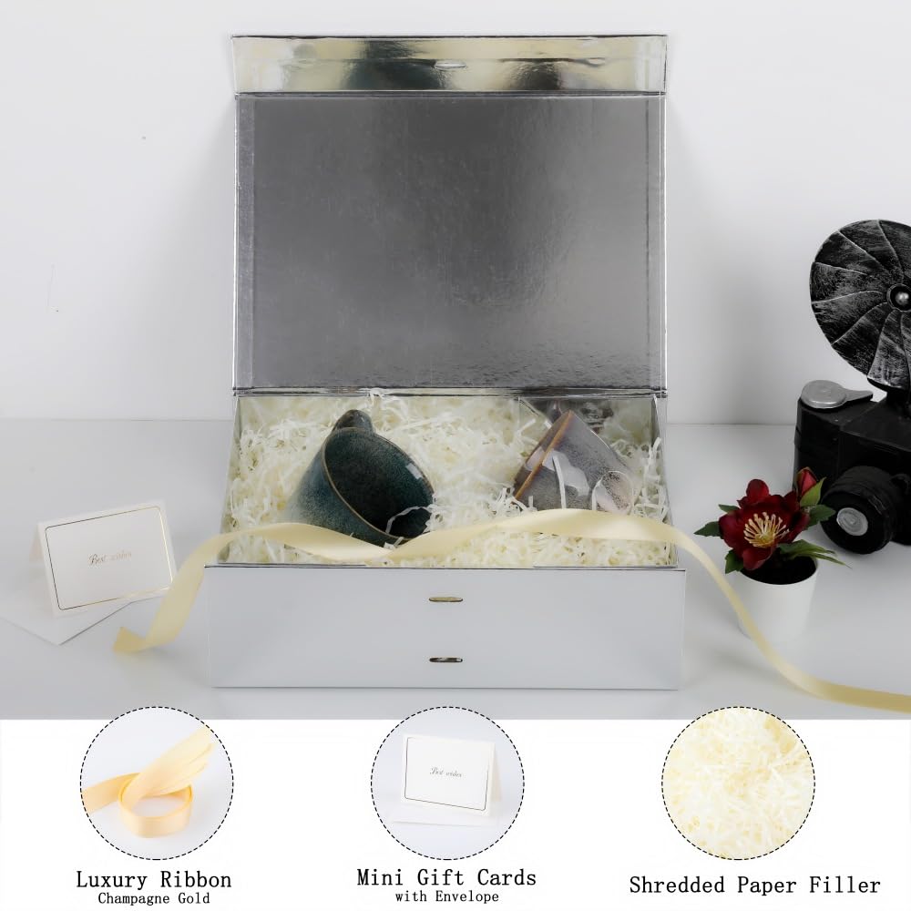 Große Geschenkboxen mit Deckel, 33 x 22,9 x 10,2 cm, große silberne Geschenkbox mit Schleife, Weihnachtsgeschenkbox, faltbare Geschenkboxen für Geschenke, Abschlussfeiern, Geburtstage, geschreddertes