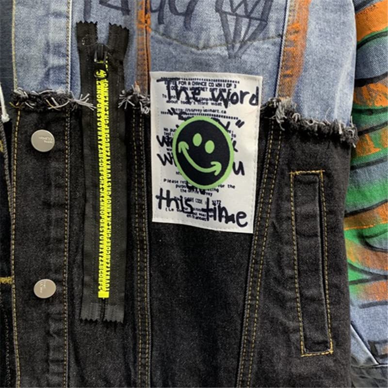 Jeans Jacket Women Streetwear Fashion Spliced Graffiti Print Denim Pocket Lapel Loose Patchwork Hip Hop Coat,Blue,M4