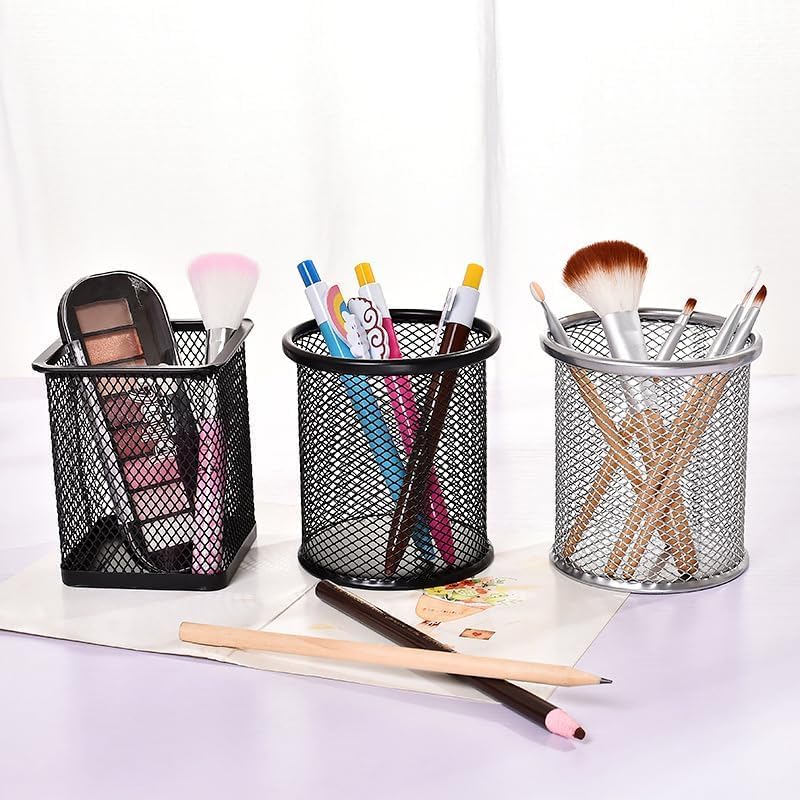 Image of Metal Mesh Pen Stand for Office & Home Desk | Black Stationery Holder Organizer for Pens, Pencils, Markers, Makeup Brushes | Durable Round Wire Mesh Pen Stand (Pack of 1) (Square Black)