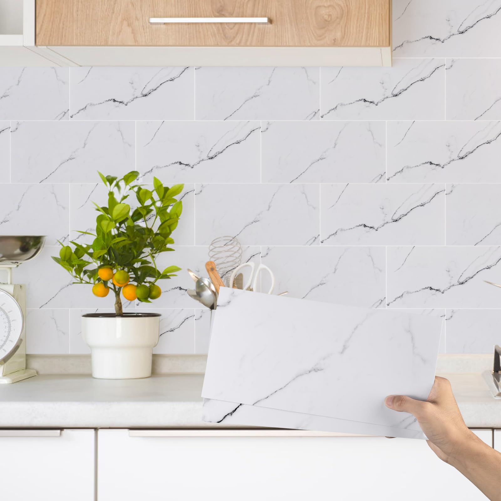 Decoroom Marble Tile Stickers 12pcs/15x30cm,White Self Adhesive Wall Tiles,Waterproof Peel and Stick for Kitchen Backsplash Bathroom DIY Home Decor Vinyl