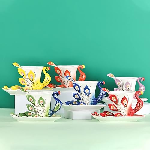 Miniatura 7 de oliruim Juego de taza de té de cerámica de pavo real única hecha a mano taza de té y platillo con cuchara 1 juego de exquisito juego de porcelana