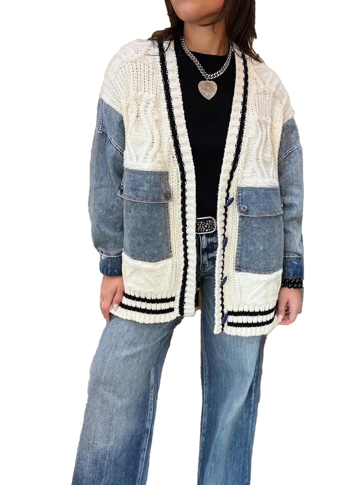 Molisry Womens 2025 Cardigan Sweater Long Sleeve Patchwork Denim Pockets Open Front Jean Jacket Spring