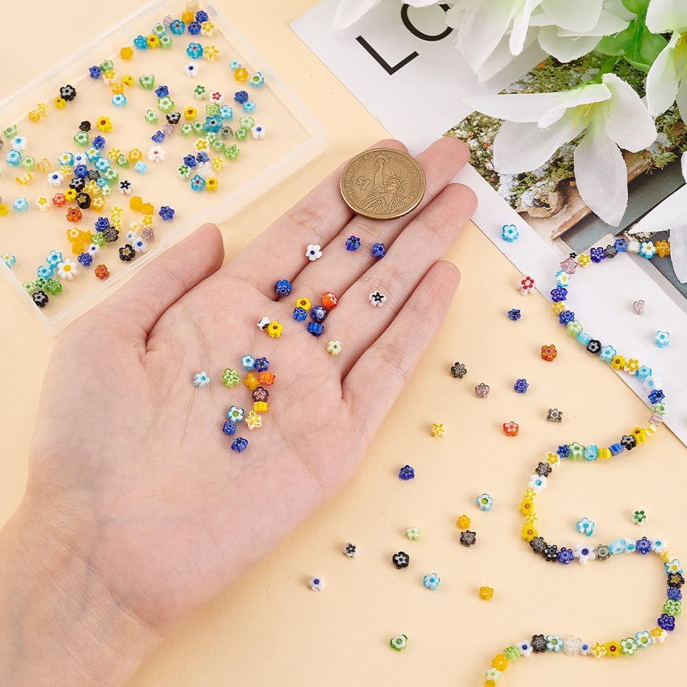 OLYCRAFT About 264~330 Pcs Millefiori Lampwork Glass Beads 3.7~5.6mm Handmade Flower Millefiori Lampwork Glass Beads 1mm Hole Colorful Flower Spacer Loose Beads for Necklace Jewelry Crafts Making - Image 3