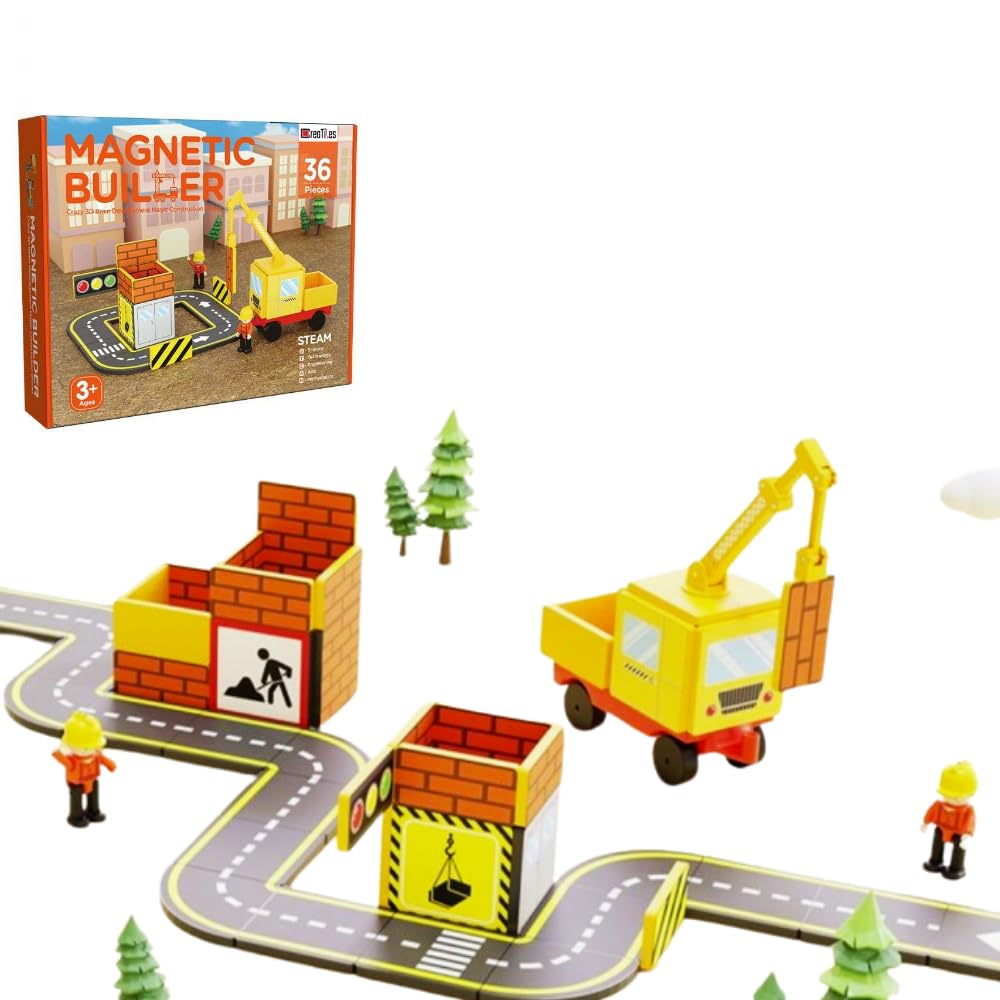 Magnetic Road & Construction Set with Crane – 36-Piece STEM Building Tiles for Kids Ages 3-7, Montessori Learning Toy with Workers & Car