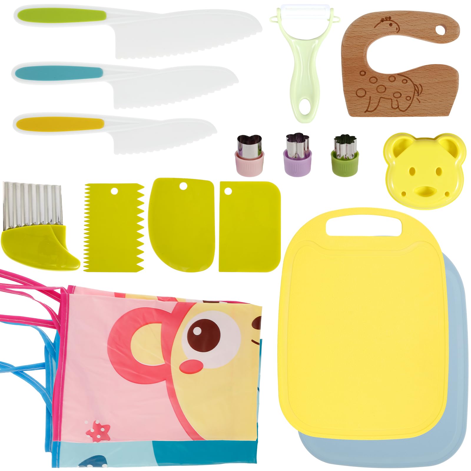 17Pcs Kids Cooking Set, Educational Montessori Kitchen Set Portable Kids Cutter Set Safe Toddler Kitchen Tools Include Apron Cutting Board Peeler and More for Kids Cooking