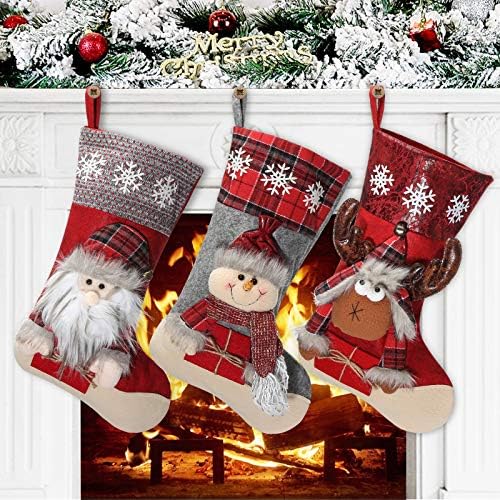 Awroutdoor Christmas Stocking Set of 3, 18" Large Xmas Sock Sack Gift Bag for Tree Decoration Christmas Ornament Candy Pouch Bag Theme Santa, Snowman, Reindeer