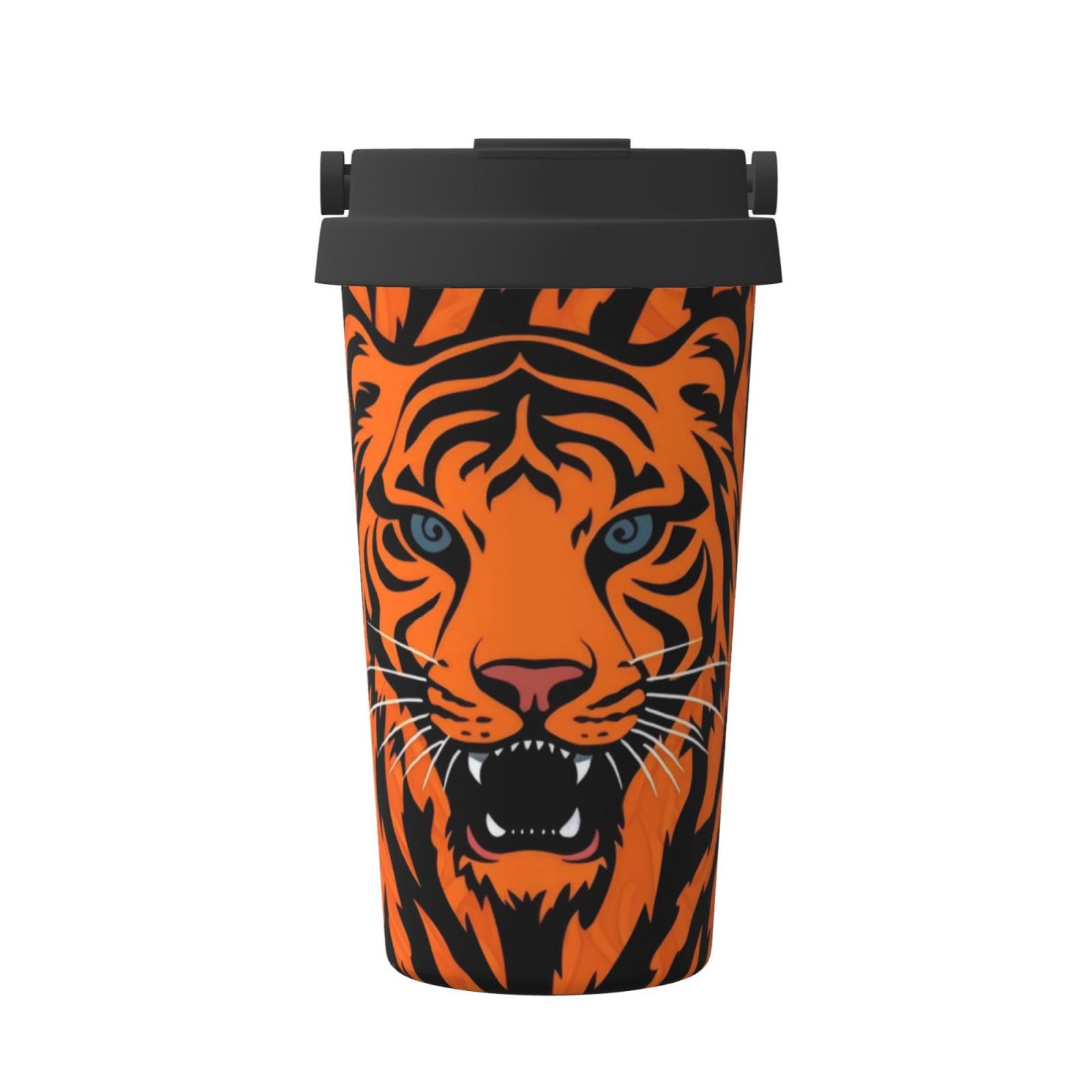 Cute Tiger Stripes Orange Pattern, Insulated Coffee Mug â€“ 17oz Double Wall Vacuum Stainless Steel Tumbler Cup with Leak-Proof Lid & Handle, Fashion Portable Travel Thermos Mug for Cold & Hot Drinks