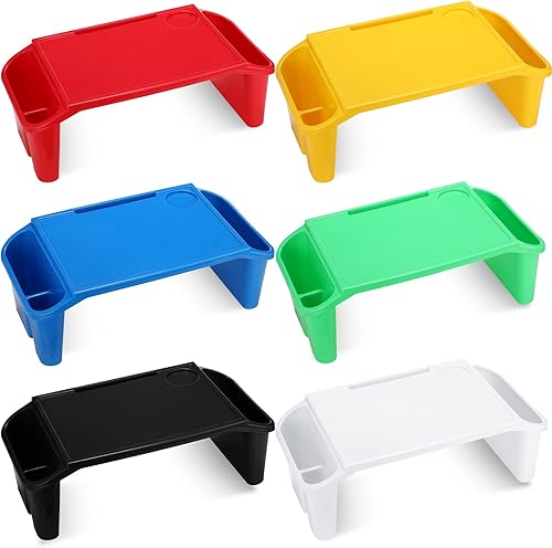 6 bandejas de escritorio para niños con almacenamiento de plástico para desayuno, bandejas para laptop con bolsillos laterales y ranura, mesa de