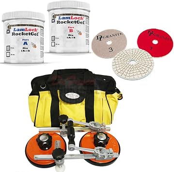 Abaco Ratcheting Seamsetter M2 - LamLock RocketGel - 16 oz Kit Granite Epoxy - 4 Inch Diamante Italia 3 Step Stone or Quartz Polishing Pads Set of 3