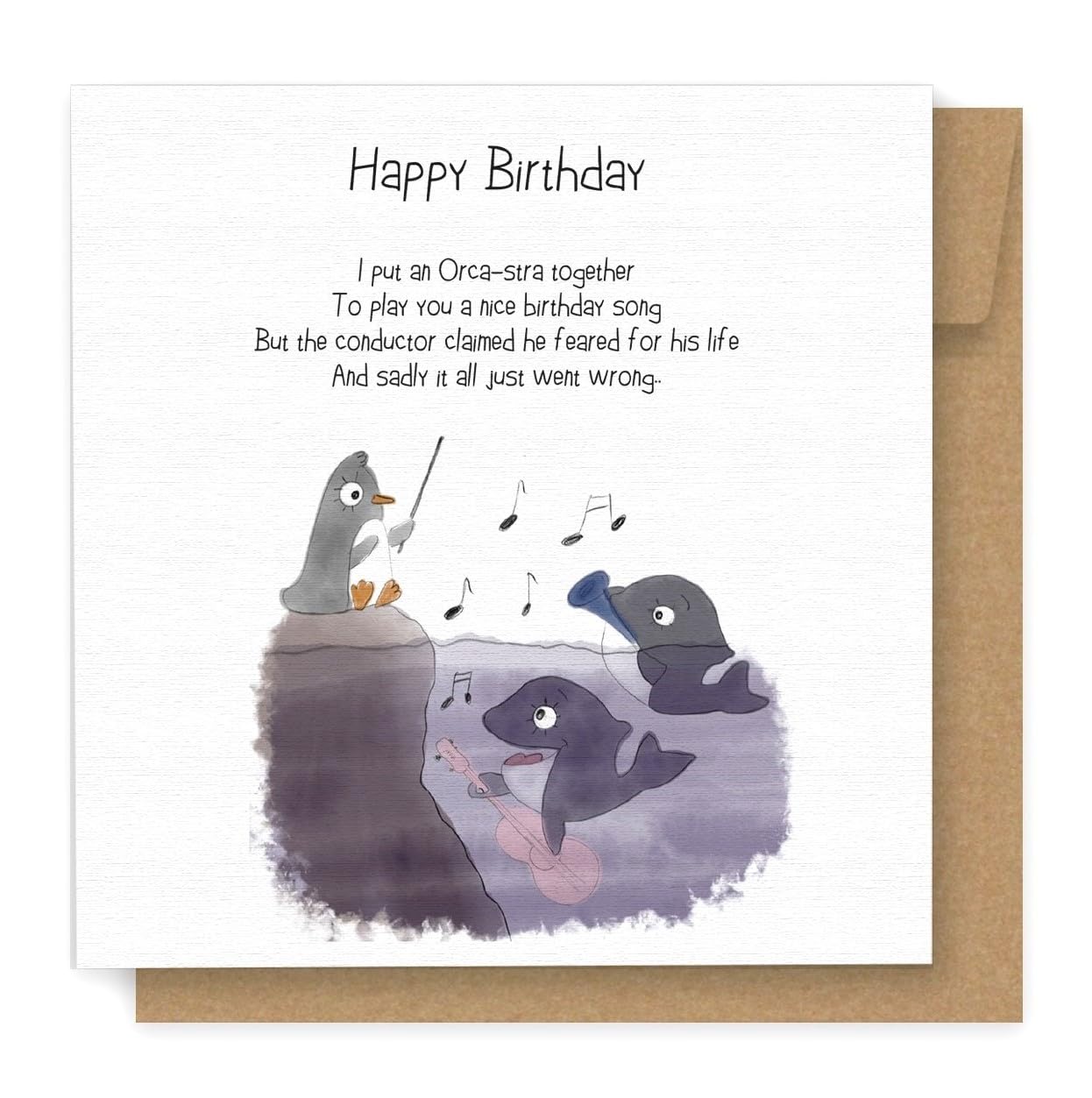 Jolly Good Birthday Card - Orca-Stra, with funny rhyme, printed on 100% recycled card