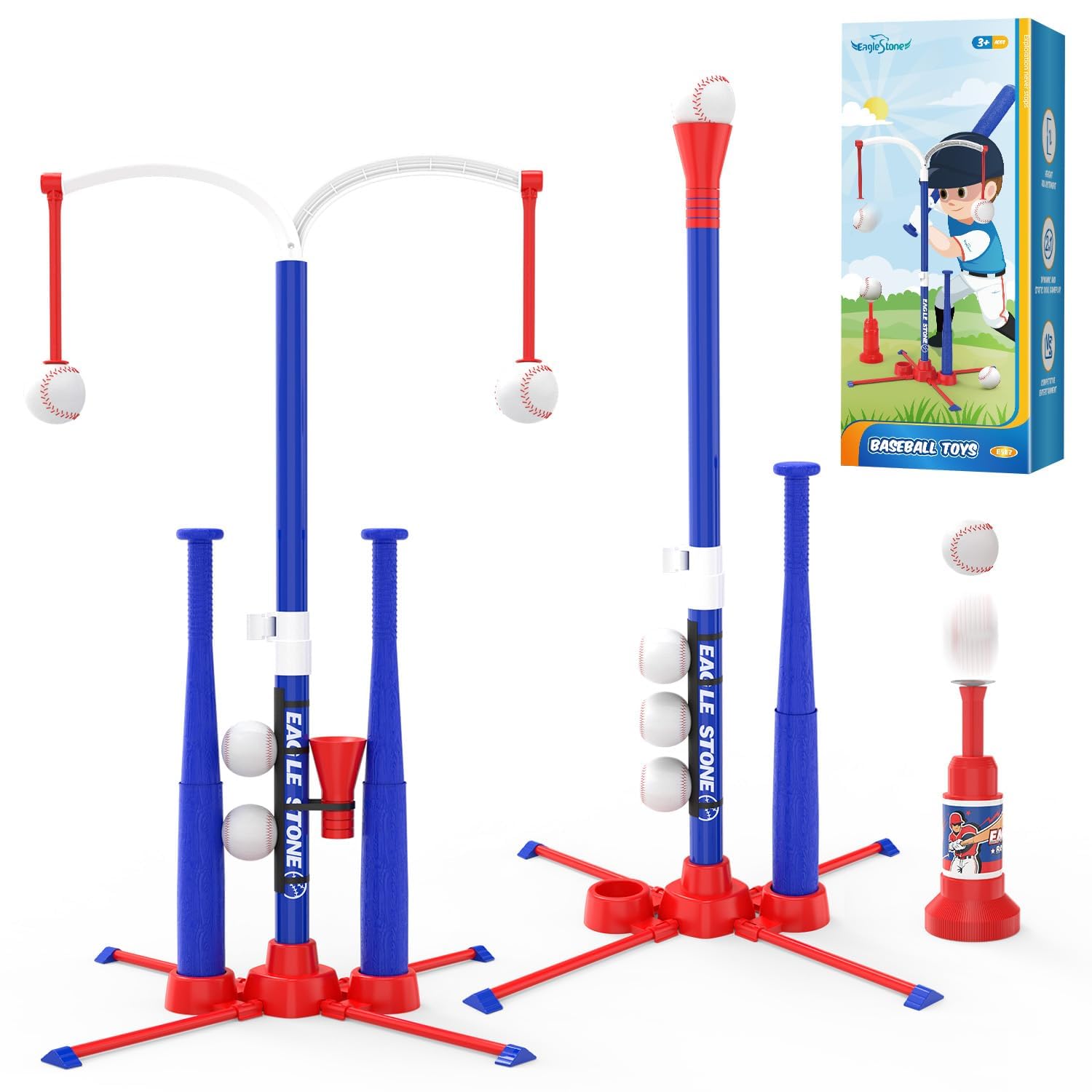 EagleStone 3-in-1 Toddler T Ball Set for Kids 3-5, 5-8, 2 Baseball Bats,Adjustable Height Hanging Tee,TBall Batting Stand,Ball Launcher, Outdoor Indoor Baseball Toys for Toddlers, Backyard Sports Gift