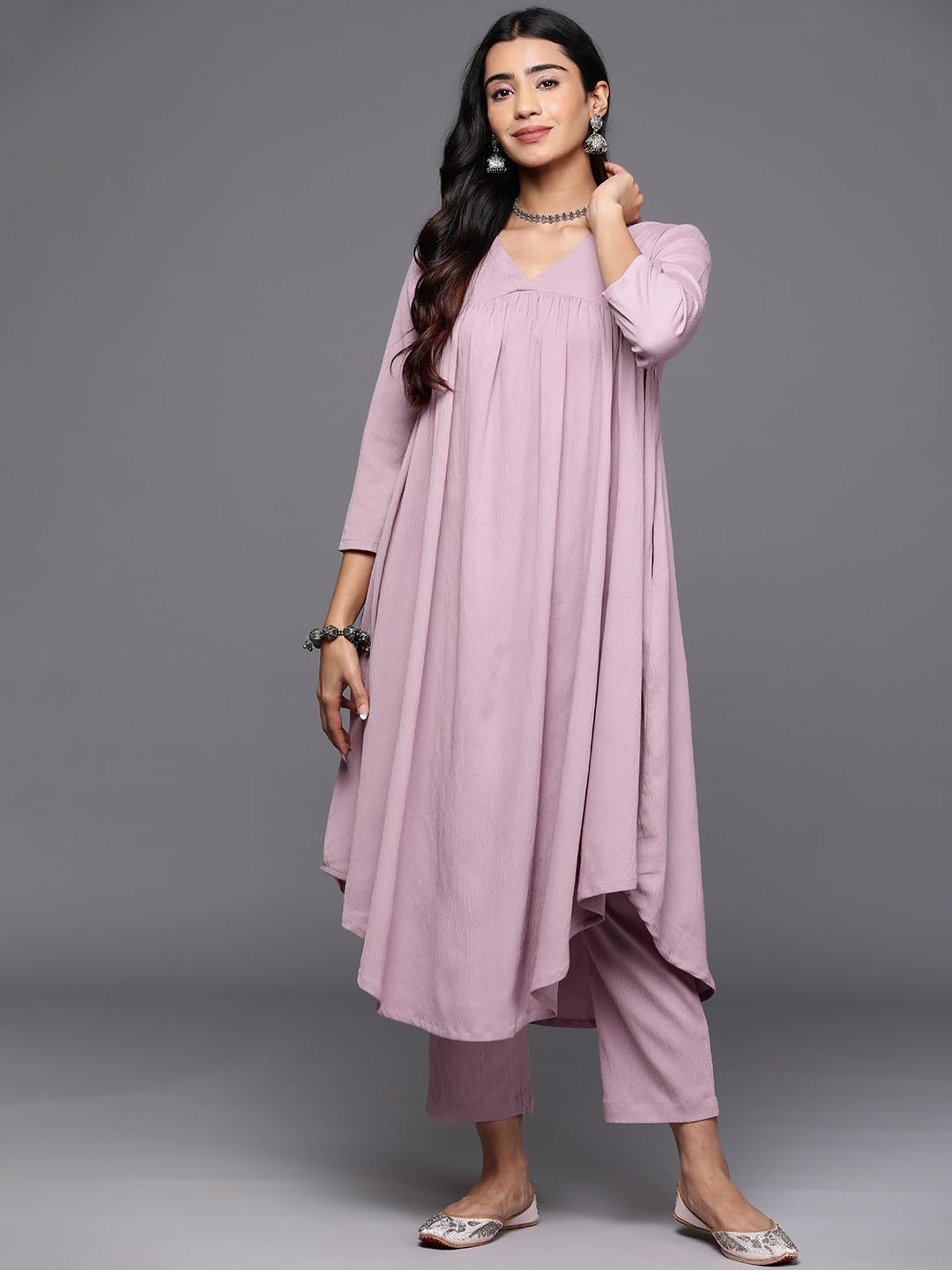 Varanga Women Pink Empire Gathered Details A-Line Kurta With V-Neck, Three-Quarter Sleeves, Paired With Tonal Bottom