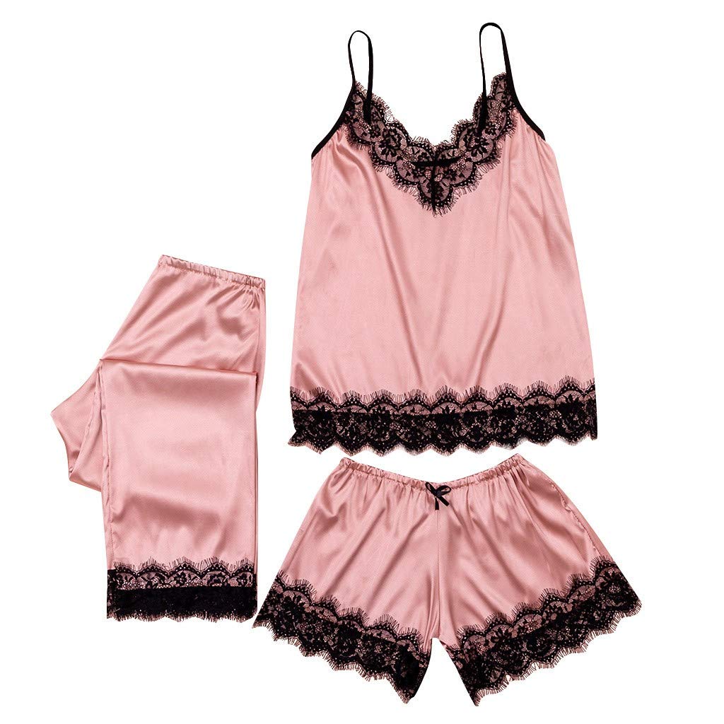 Fiocco Indumenti da Notte Canotta Pizzo Donna Lingerie Pigiama Pantaloni 3 Pezzi Raso Abbigliamento Casual per Donna Lingerie Sexy (Rosa S)