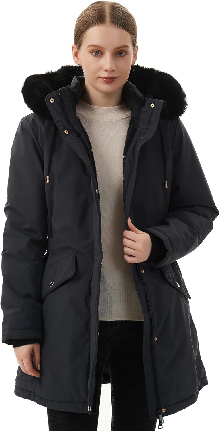 MOERDENG Women's Long Winter Down Coat Thicken Fleece Lined Parka Warm Puffer Jacket With Faux Fur Detachable Hood - Image 2