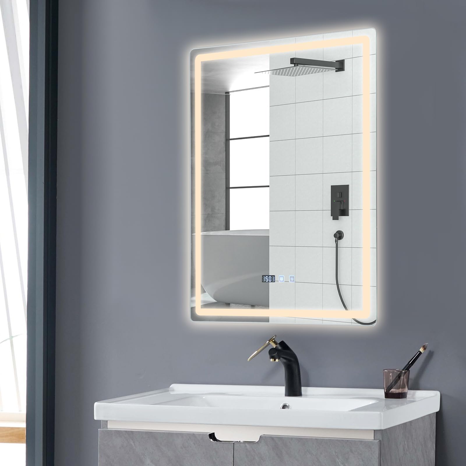 Espejo de baño LED, táctil, regulable, sin vaho, con iluminación de reloj, espejo de pared para baño, hotel, salón, uso