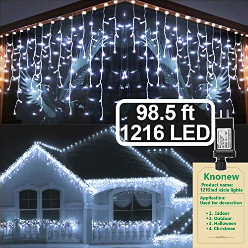 KNONEW LED Icicle Lights, 98.5ft, 1216 LED, 8 Modes, Curtain Fairy Light Clear