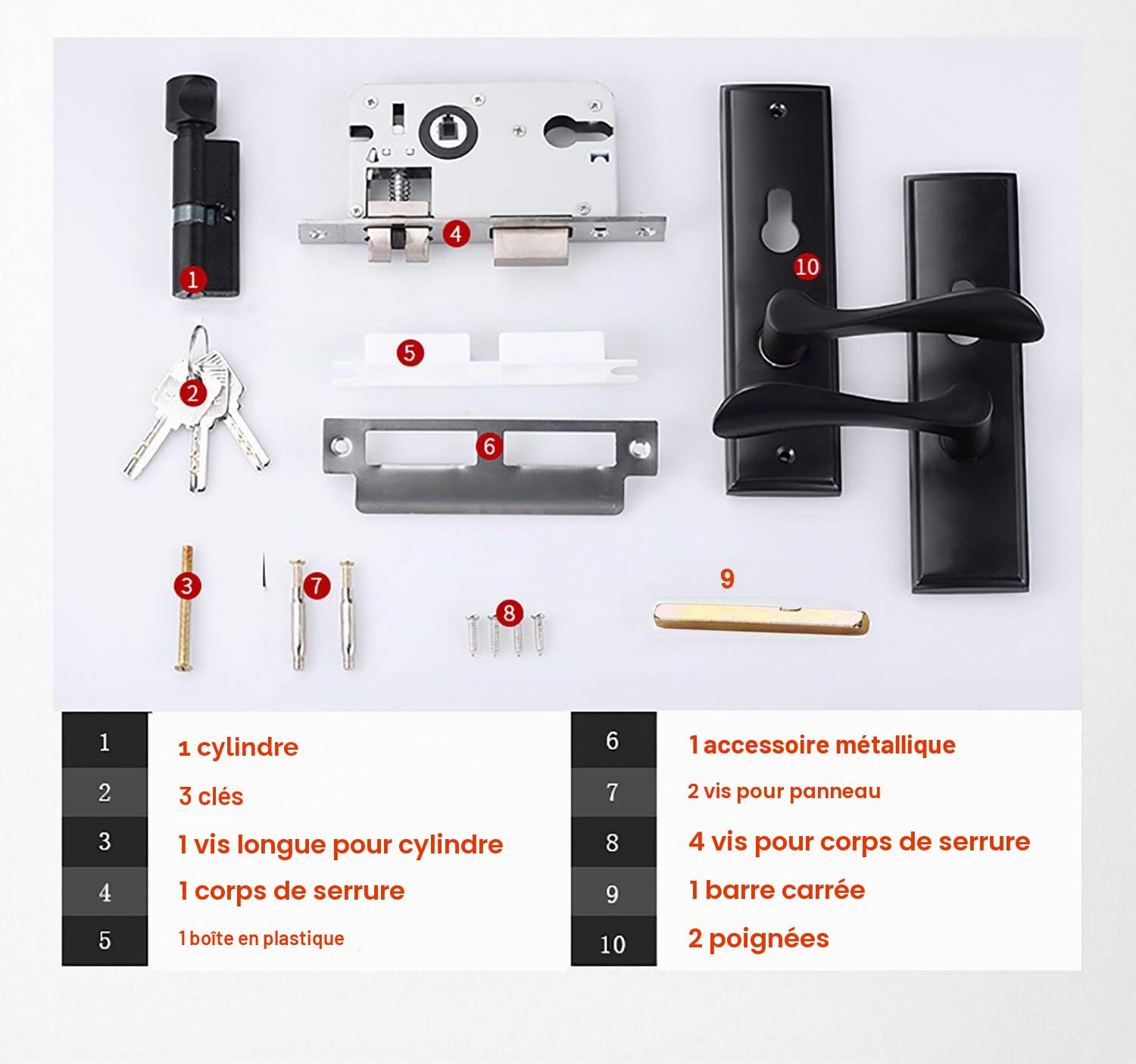 Qrity Poignée de porte à levier (noir), serrure à levier Euro, serrure à 2 leviers, cylindre, 3 clés en cuivre, alliage de zinc