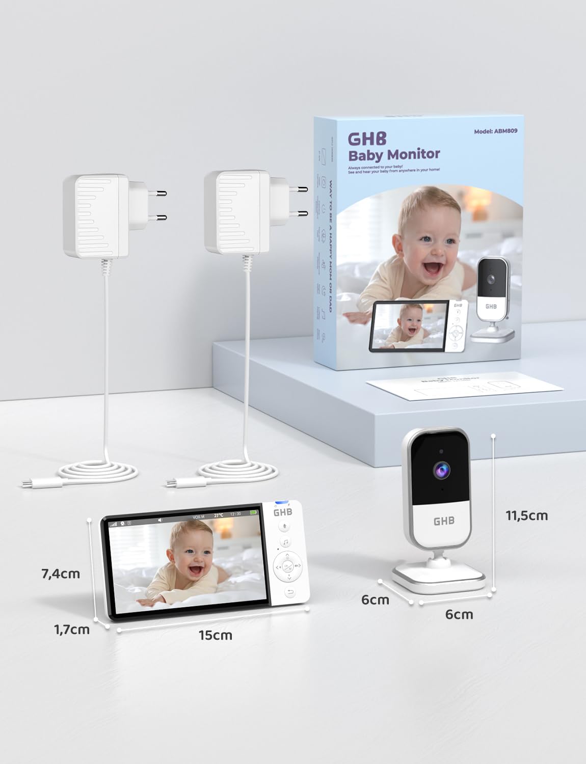 GHB Babyphone mit Kamera 5 Zoll IPS-Display 720P 5000 mAh VOX-Energiesparmodus 4X Zoom Nachtsicht Zwei-Wege-Audio Temperatursensor Nicht drehba