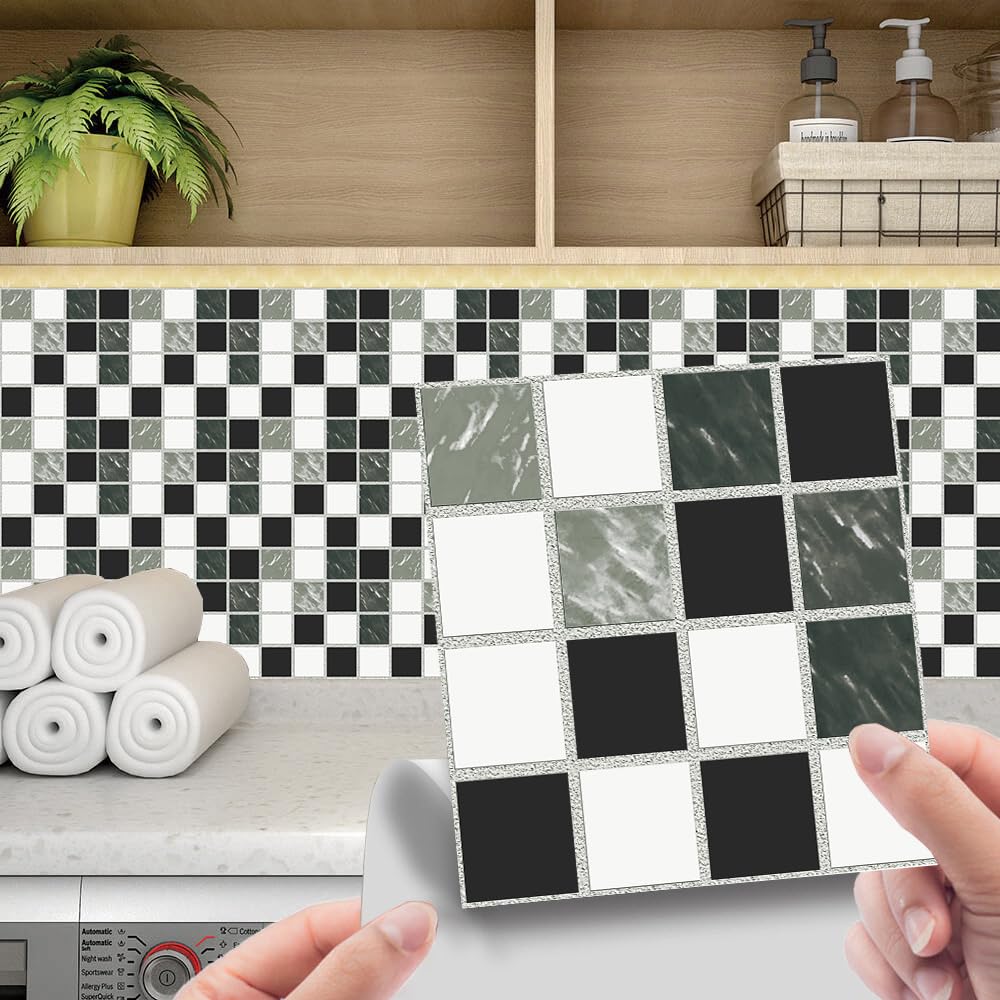 LMYSXAOZ Tile Stickers Black Green Mosaic Stick On Tiles,Self Adhesive Wall Tiles for Kitchen Bathroom,Vinyl Peel and Tiles,Stick Waterproof Oilproof 10 PC(15x15cm)