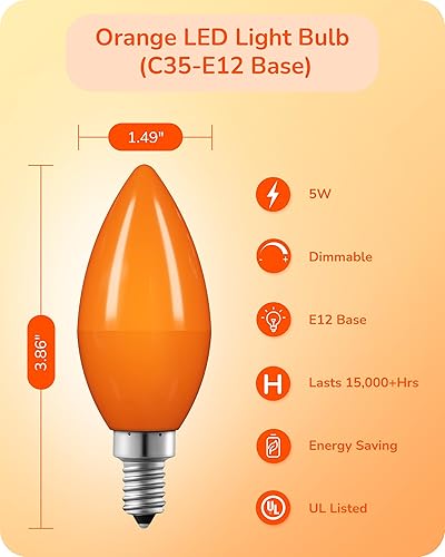 Miniatura 5 de EDISHINE Bombillas LED regulables naranja C35, bombillas de candelabro E12, equivalente a 60 W, bombilla LED para candelabro, bombilla de vela