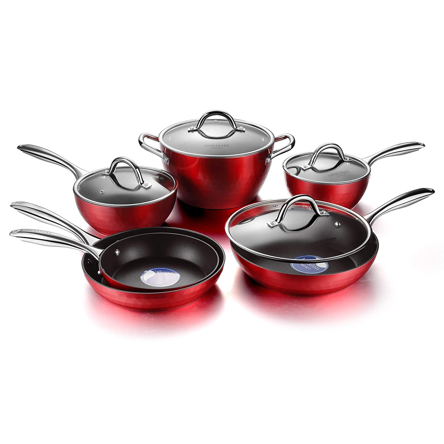 All in One Pan 10-Piece Diamond-Infused Cookware Set - Induction Compatible Aluminum Pots & Pans with Durable Glass Lids for Easy Cooking, Dishwasher Safe - Red