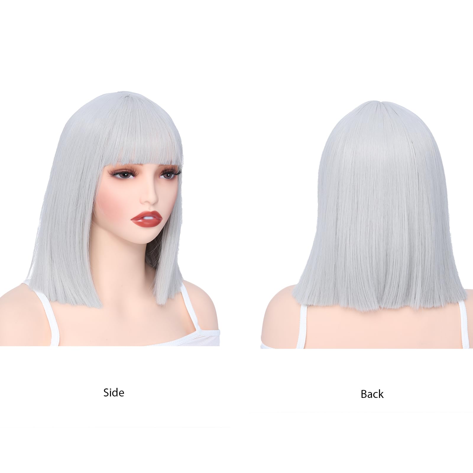 BUYOGET Silver Bob Wigs with Flat Bangs 13 Inch Striaght Shoulder Wigs for Women Cosplay Costume Party Wig - Image 3