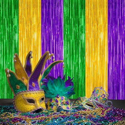 Image of ZATAYE 2 Pack Purple Gold Green Foil Curtain Streamer Decorations | Purple Gold Green, Metallic Foil, 3.28 x 7.05 FT, Tinsel Backdrop, Foil Curtain Streamer, Party Decorations