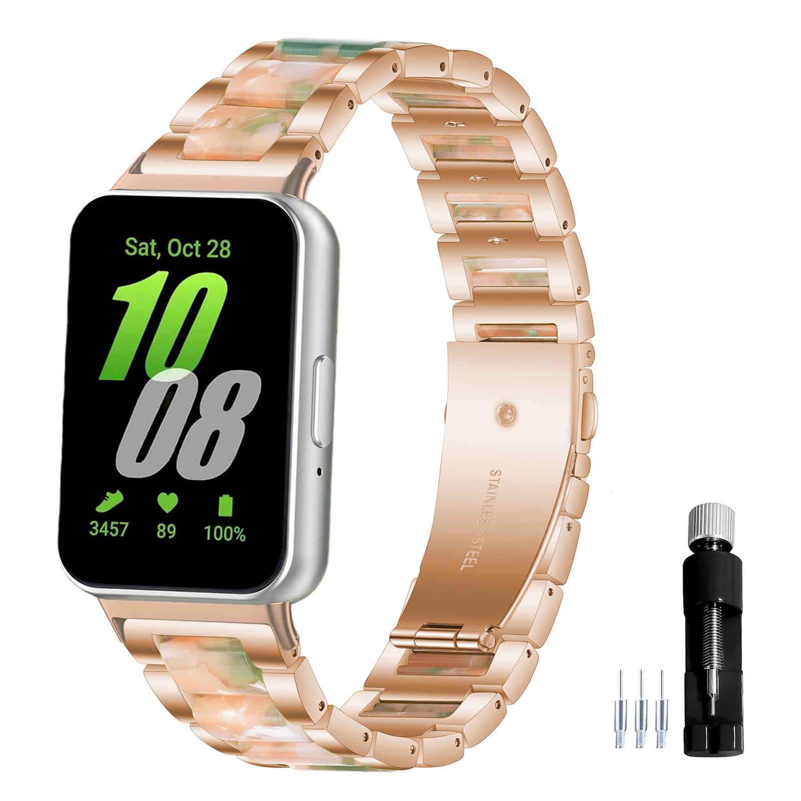 Gheper Resin Stainless Steel Watch Band Compatible with Samsung Galaxy Fit3[2024] SM-R390 Quick Fit Replacement Metal Wristband Strap for Men Women — image 1