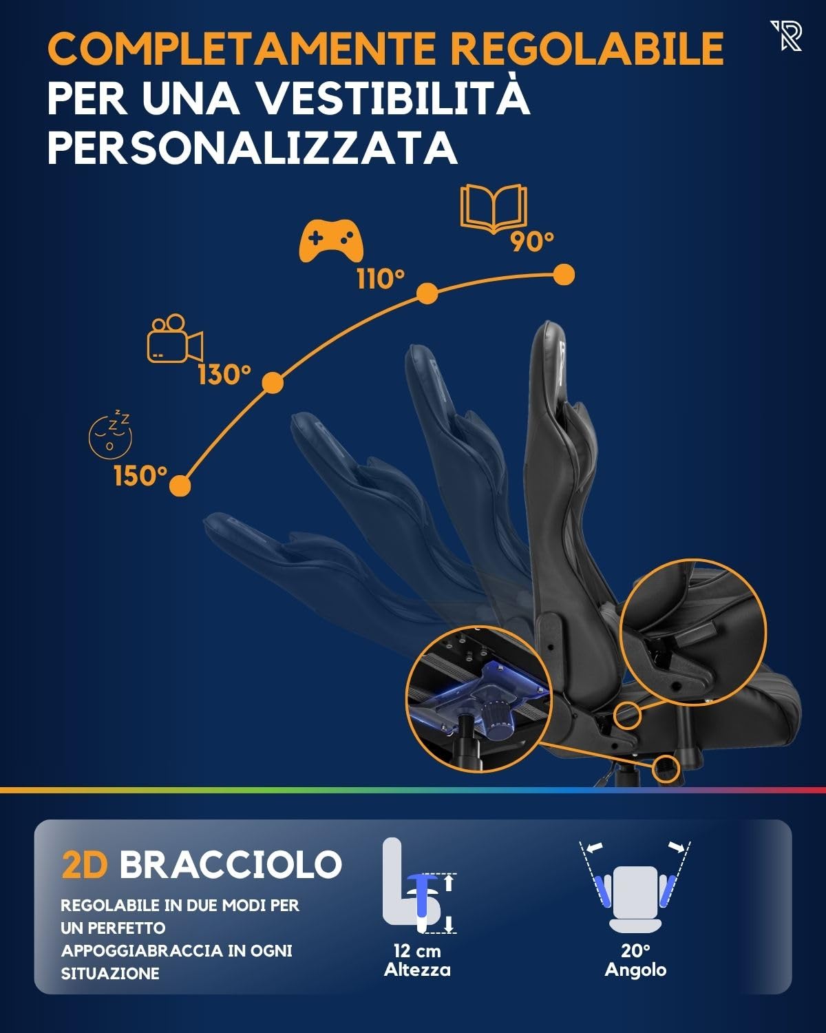 Felix Sedia Da Gaming Ergonomica Stile Racing Con Schienale Alto Per Persone Alte, Materiali Resistenti, Base In Nylon, Supporti Lombare E Cervicale Regolabili, Cuscini Inclusi, Nero