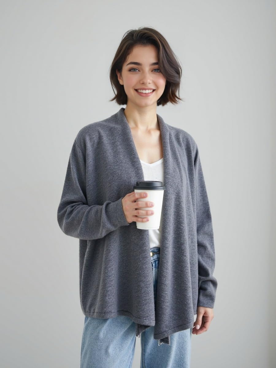 Chaqueta De Punto Mujer Cárdigan De Mujer 100% Lana Merino Sin Cuello Ni Frente Abierto Suéter De Punto Suave Y Ligero Prenda De Manga Larga para Mujer Ideal para Otoño Uso Casual Nego