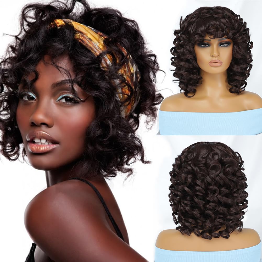 Felek Short Big Curly Afro Wigs with Bangs for Black Women Dark Brown Loose Curly Wigs for Black Women Synthetic Heat Resistant Cute Bouncy Curl