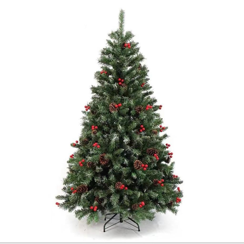 FESTIVE LIGHTS Cherry & Pine Cone Christmas Tree - 180cm (6 Feet) - Premium Full Christmas Tree with Foldable Metal Stand and Lush Branches - Easy to Assemble Hinged Design - Natural, Rustic Charm