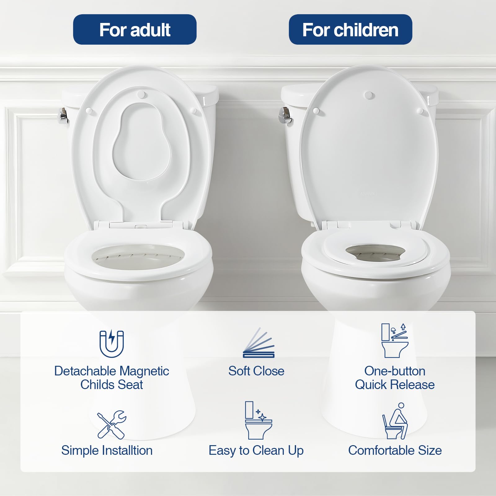 Toilettendeckel mit Absenkautomatik, Klodeckel mit Kindereinsatz, Toilettenbrille O,Klobrille, WC Sitz inkl,weißer Klobrille,antibakterielle Familien-Toilettensitz(PG307A)