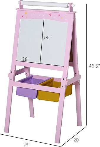 Miniatura 7 de Qaba Caballete de arte de madera 3 en 1 para niños con rollo de papel, pizarra de doble cara y pizarra blanca con cestas de almacenamiento, regalo