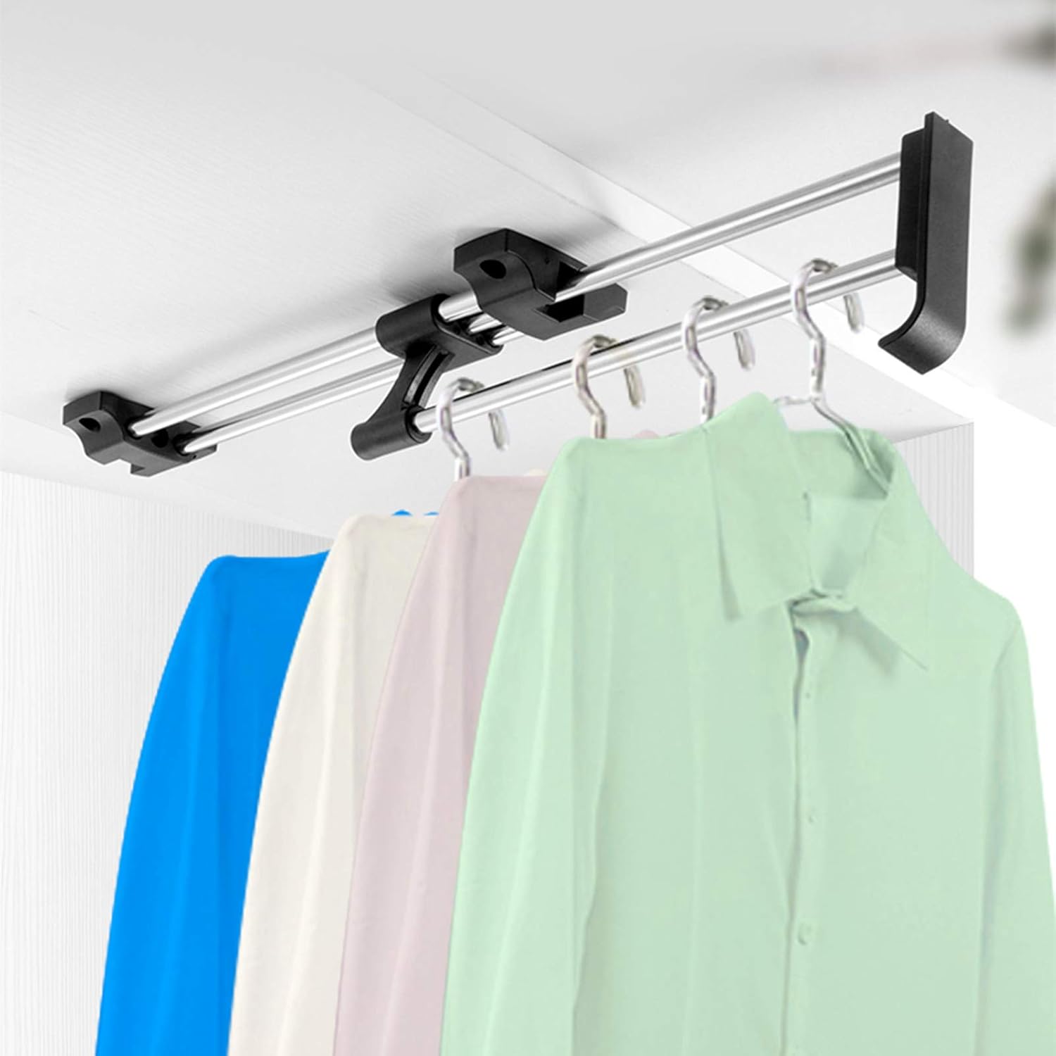 Heavy Duty Retractable Clothes Rail Pull Out Rod Wardrobe Clothes Hanger Rail Coat Racks Closet