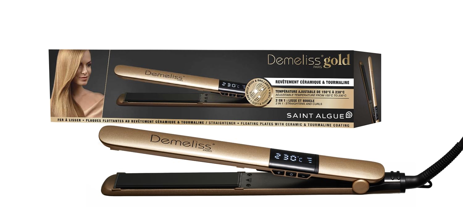 Demeliss SAINT ALGUE Lisseur GOLD - Lissage dès la Racine - Plaques Fines Céramique, Tourmaline - Température Réglable 150°C à 230°C - Cheveux Lisses à Ondulés - Design Ergonomique, Professionnel
