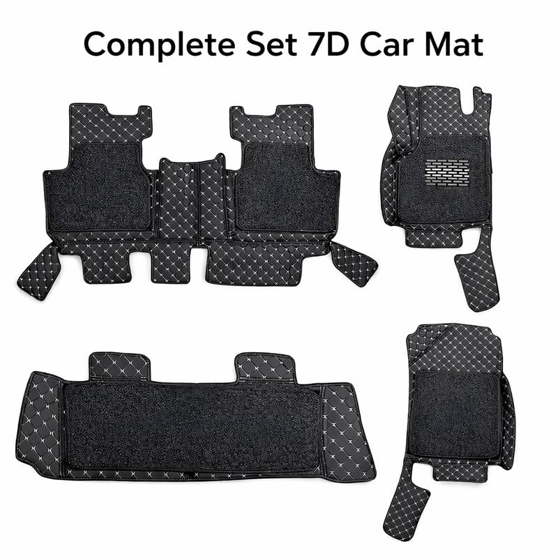 Image of SINEX Premium 7D car mat Full Set for MG Hector Plus 7-Seater (Model : 2019-2024) Luxury Leather Double Car Floor Mat Complete Set || 100% Waterproof and Washable Color : Black